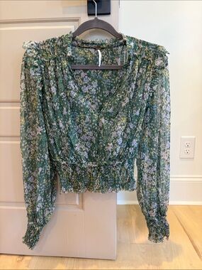 Free People Floral Green V-Neck Long Sleeve Smocked Waist Top